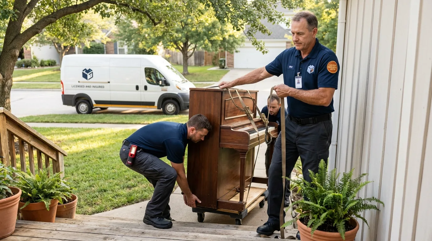 Licensed piano movers securing grand piano in Williamstown, PA