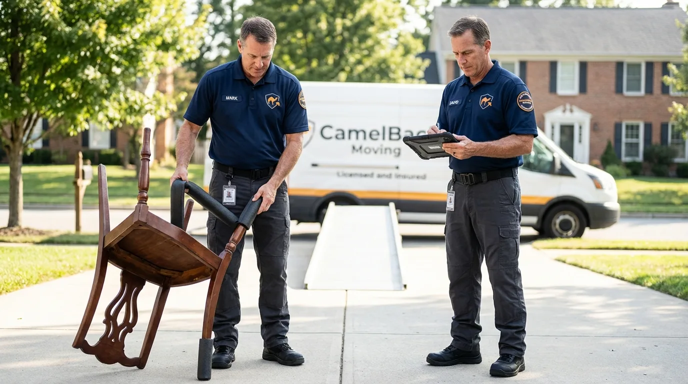 Movers inspecting furniture for damage prevention before loading in Williamstown, PA
