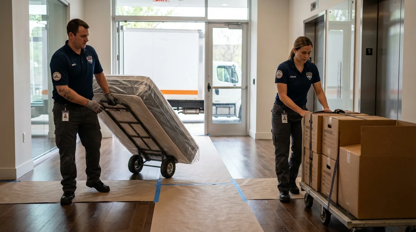 Professional apartment movers loading elevator in Williamstown, PA