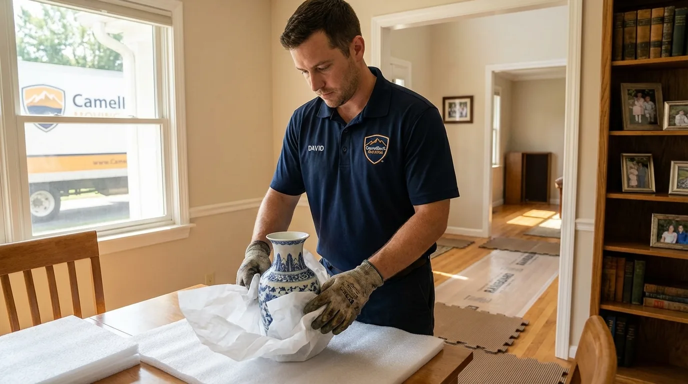 Professional crew carefully wrapping antique vase for senior downsizing move in Williamstown, PA